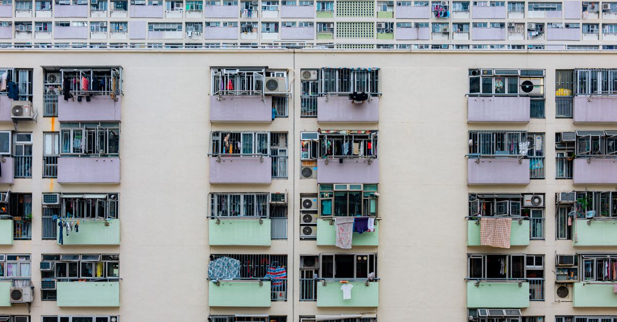 Residential apartment tower with emergency escape equipment installed