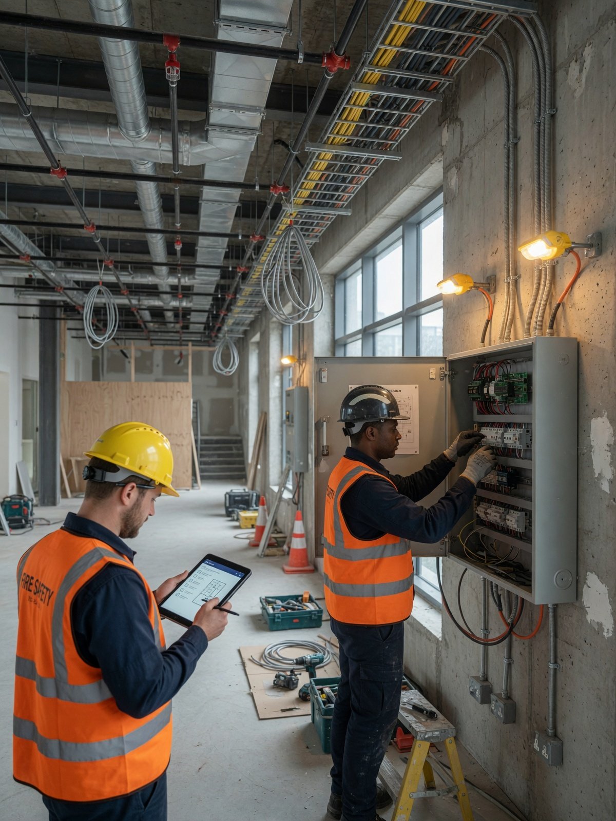 Quick Fire Safety CO technicians installing and testing a fire alarm panel