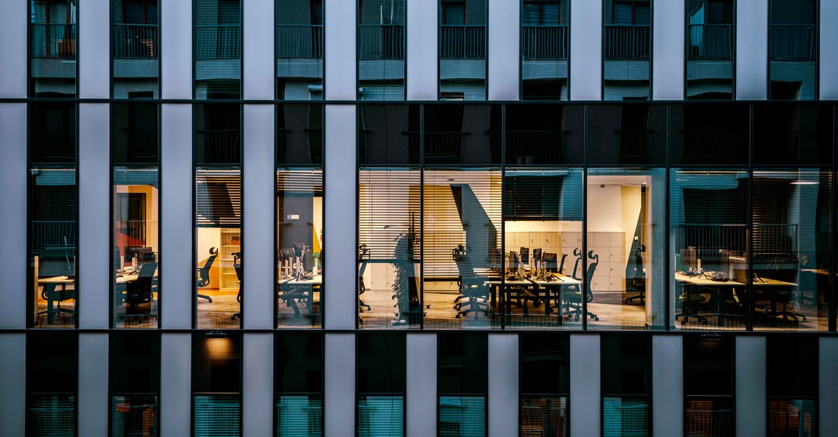 Modern office interior with fire safety systems installed